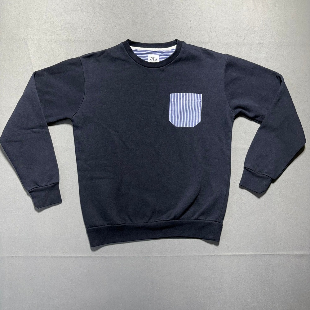 Zara Mens Navy Blue Crewneck Sweatshirt Striped Pocket Long Sleeve Small